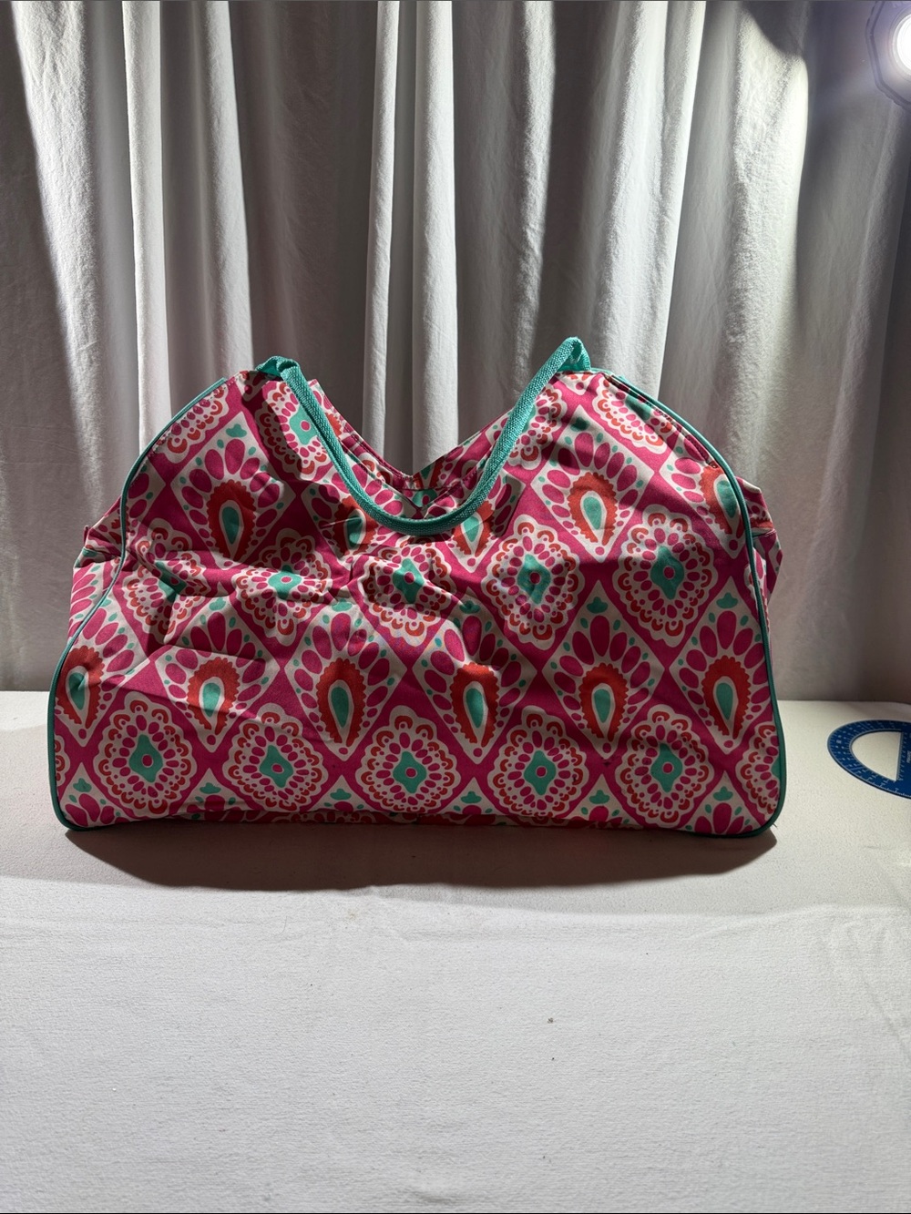 Patterned Pink & Teal Canvas Beach Tote Bag with matching towel.